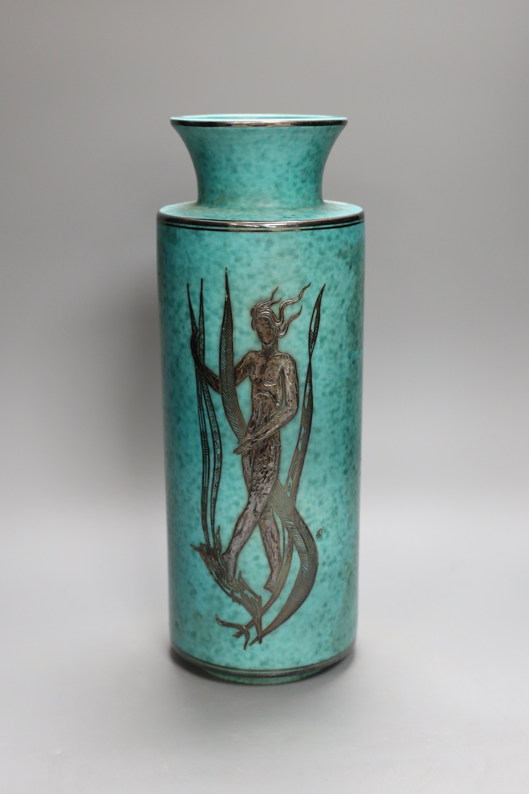 A Gustavsberg Wilhelm Kåge design Argenta vase decorated with a mythical lady among seaweed, pattern no. 1243, 35cm tall